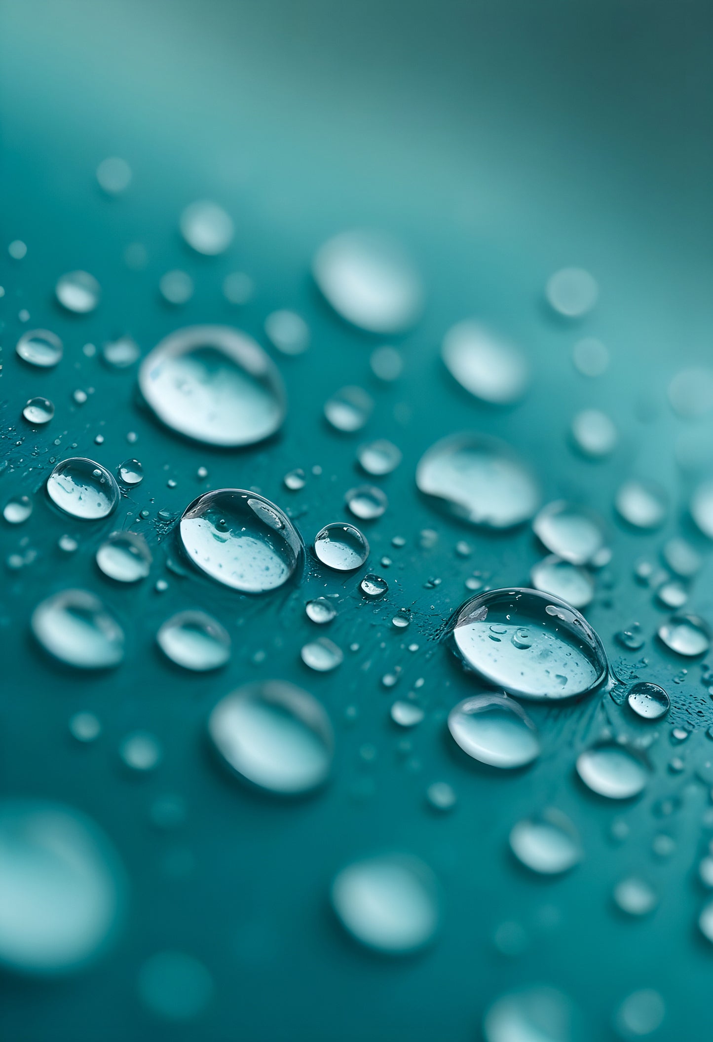 Water droplets on a thin surface with a blurred turquoise background amidst soft light reflections. Generative AI