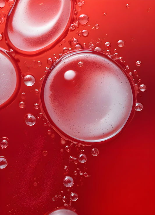 Abstract close-up of red liquid with bubbles and droplets, showcasing the interplay of colors and textures in a vibrant manner. Generative AI