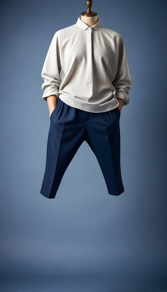 A stylish outfit featuring a gray top and navy blue trousers displayed on a mannequin against a blue background