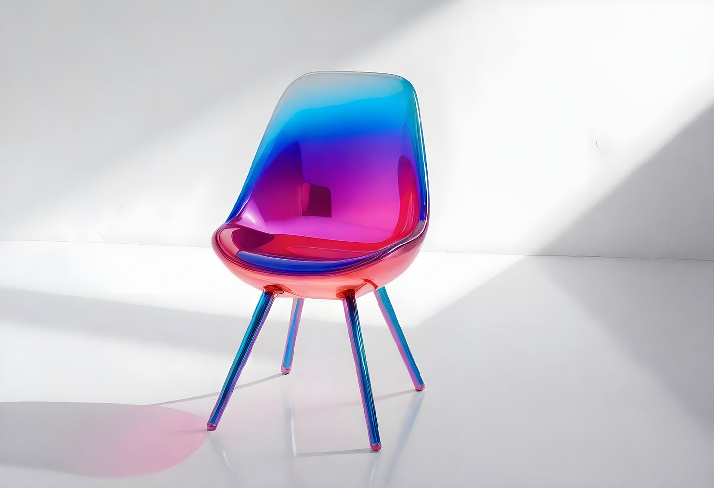 A vibrant, modern chair with a gradient design featuring blue and pink colors illuminated by natural light in a minimalist space