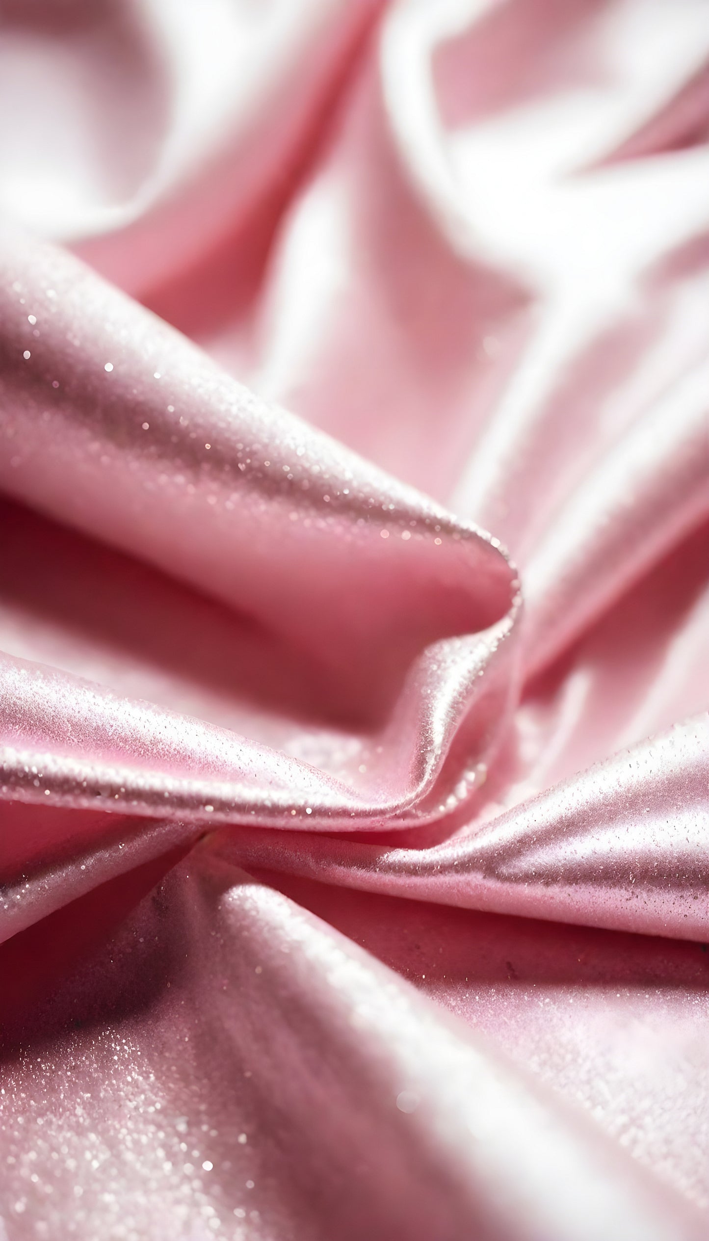 A close-up view of soft, shiny pink fabric draped elegantly, highlighting its smooth texture and sheen, perfect for luxurious designs