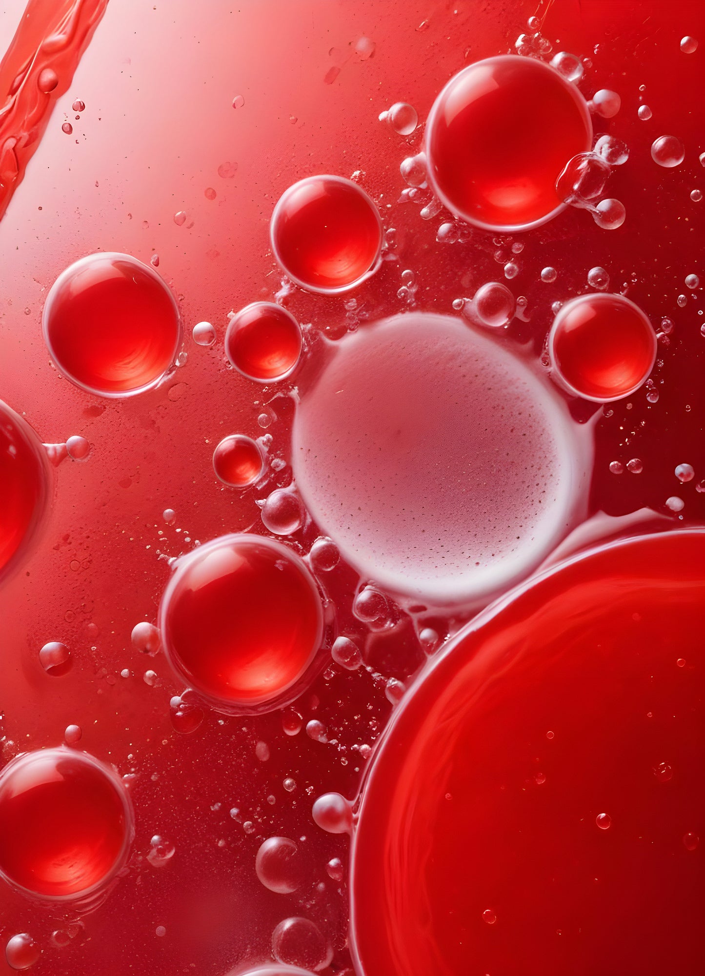 Abstract close-up of red liquid with bubbles and droplets, showcasing the interplay of colors and textures in a vibrant manner. Generative AI