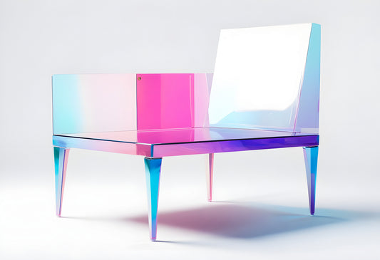 Modern acrylic chair with a colorful gradient design, showcasing vibrant hues in a minimalistic setting