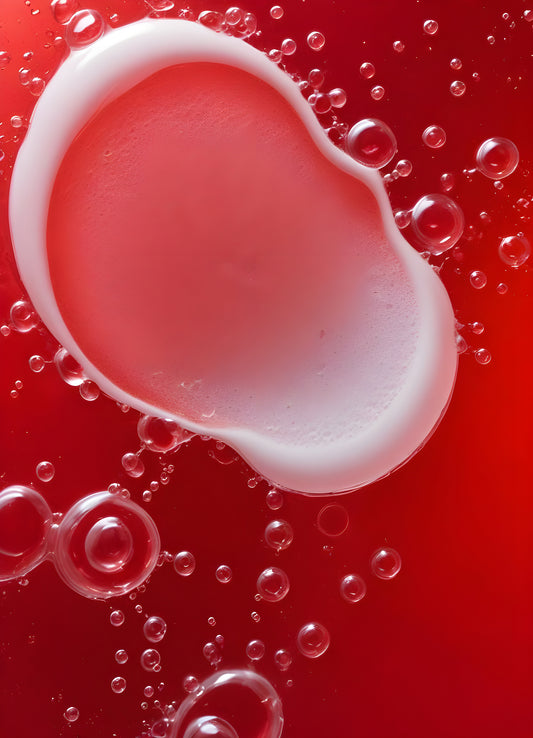 Abstract close-up of red liquid with bubbles and droplets, showcasing the interplay of colors and textures in a vibrant manner. Generative AI