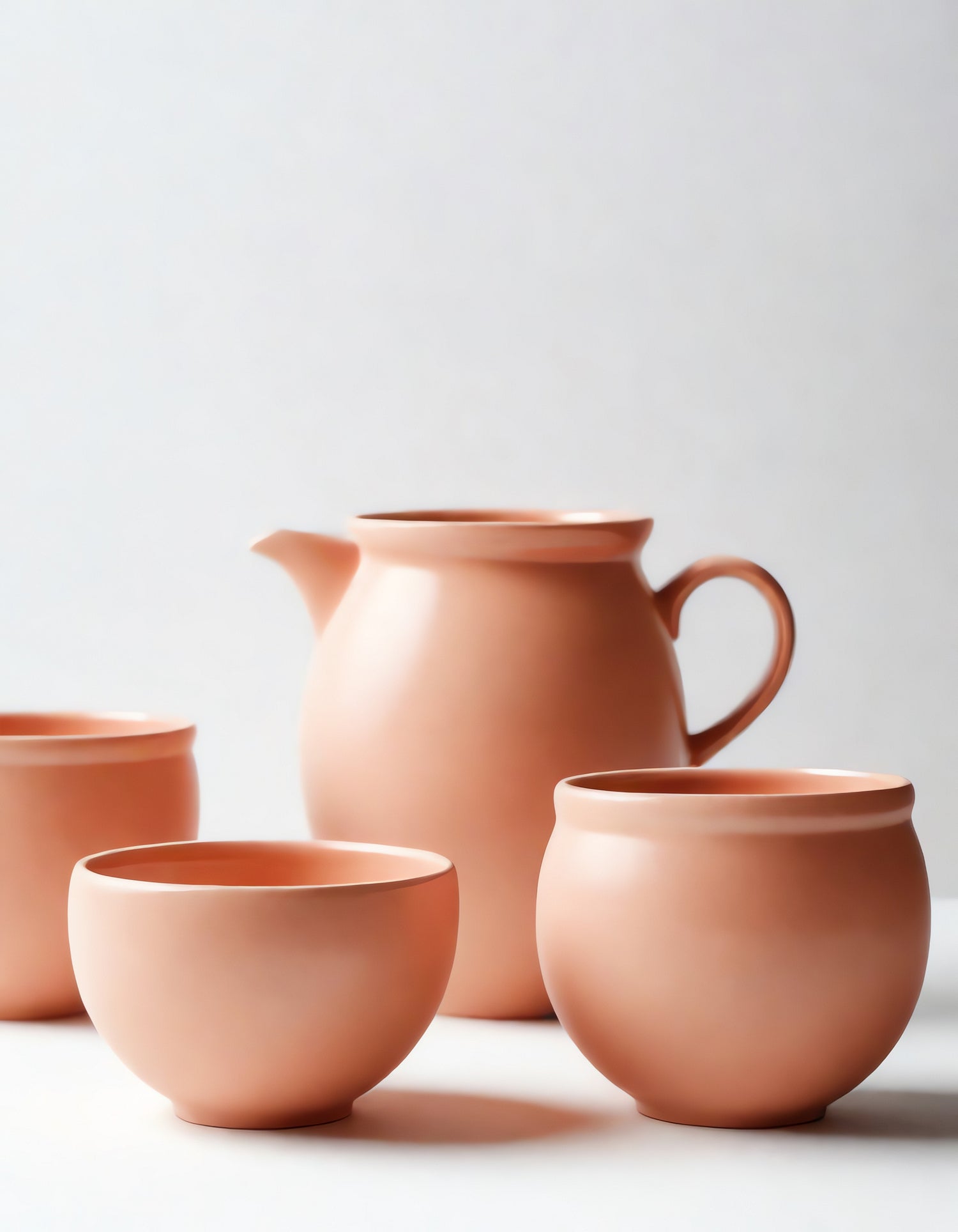 Ceramic pottery set featuring a pitcher and three bowls in soft peach tones arranged on a minimalist background