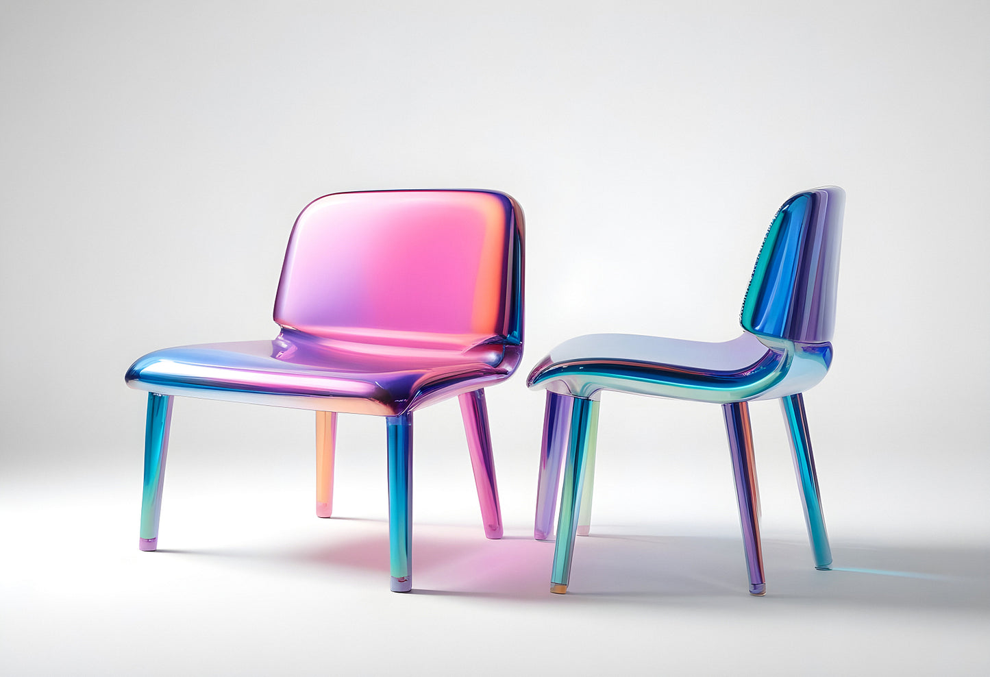 Stylish transparent chairs with a holographic finish placed against a minimalist background in a modern interior setting