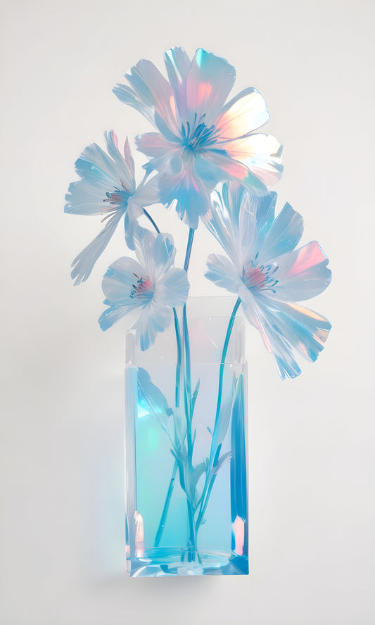 A modern clear vase holds delicate holographic flowers showcasing a vibrant blue hue and shimmering highlights against a plain backdrop