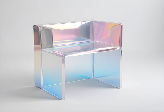 Contemporary transparent lounge chair with colorful iridescent finish in a minimalist design setting