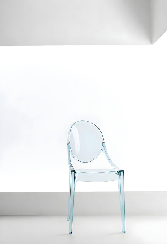 Clear contemporary chair design showcased against a minimal white background for modern interior inspiration