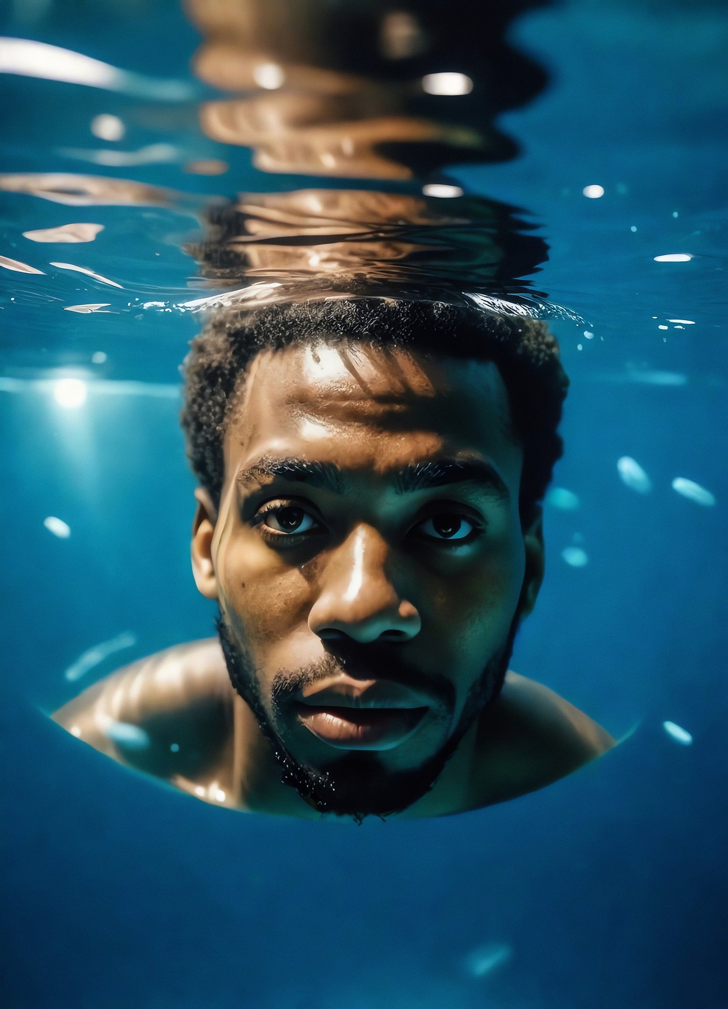 A man submerged just below the surface of clear water, gazing intently at the camera in a tranquil underwater setting