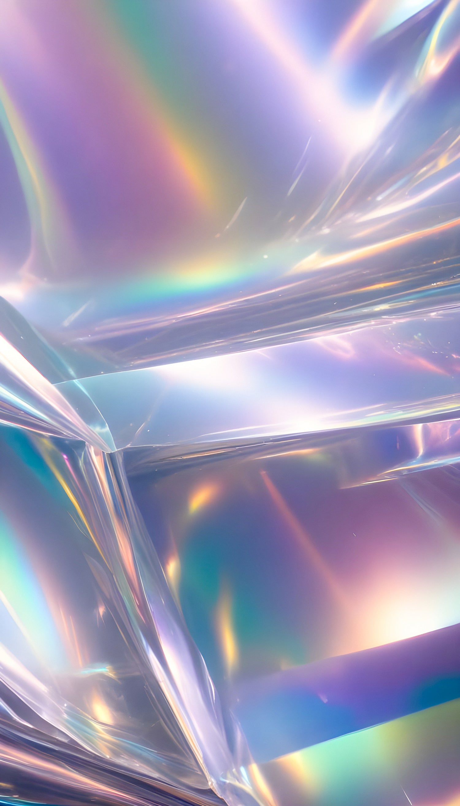 A close-up view of radiant, iridescent materials reflecting light with brilliant colors, creating a mesmerizing visual effect in a serene environment