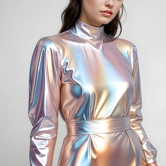 A model showcases a shimmering, iridescent dress in a studio setting with soft lighting during a fashion shoot