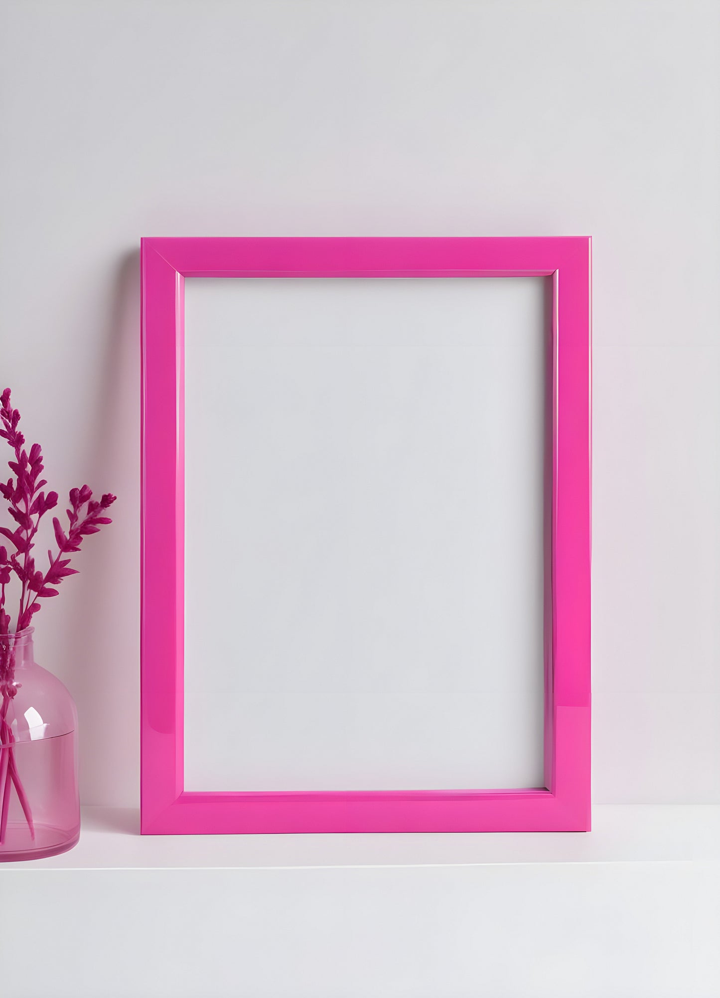 Bright pink empty frame stands against a white wall, inviting creativity and personal expression