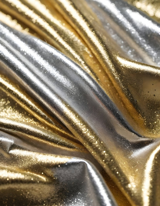 Metallic golden and silver fabric creates elegant textures with intricate folds and reflections under soft lighting