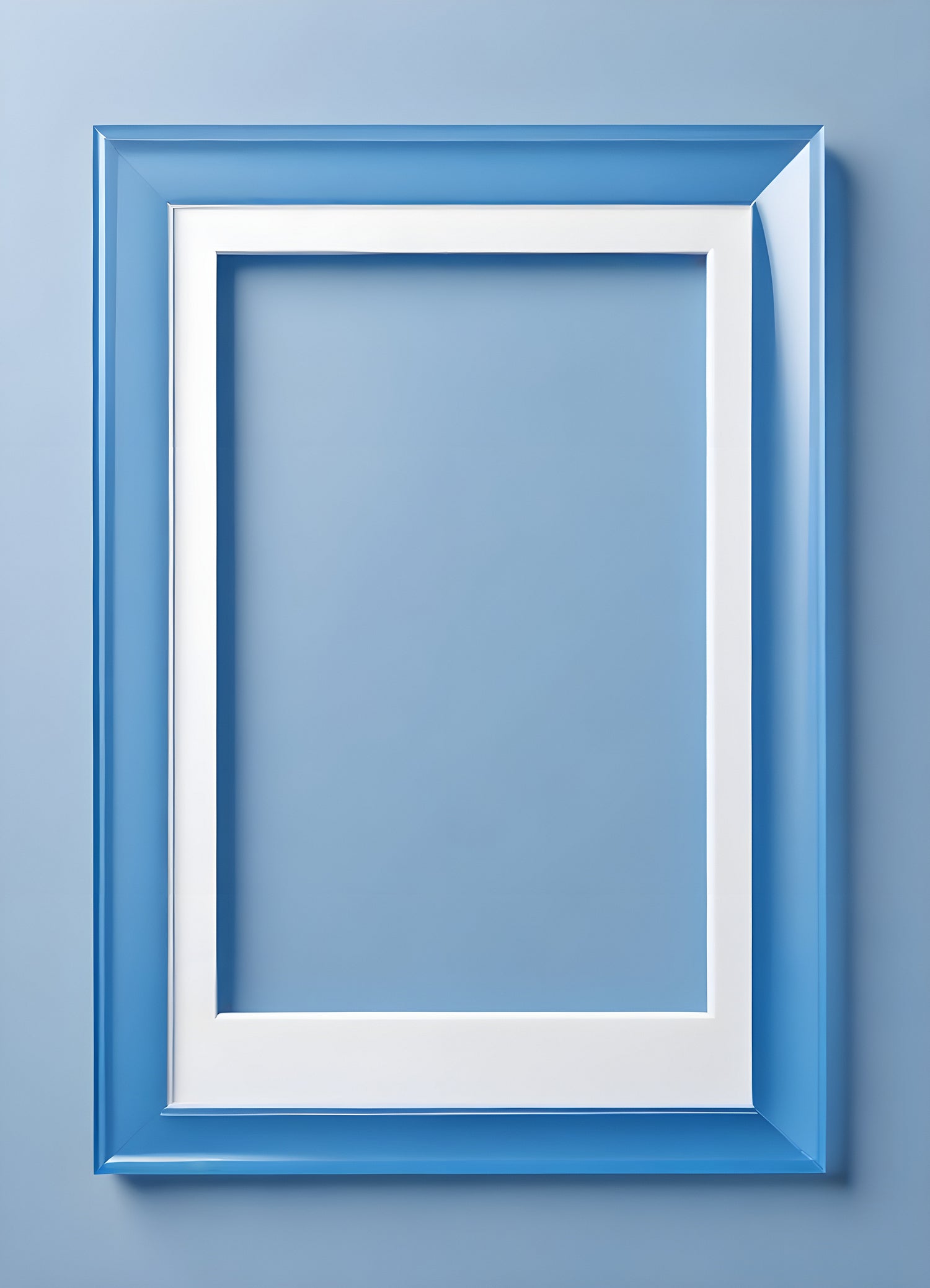 A simple blue and white empty frame against a light blue wall waiting for artwork to be displayed