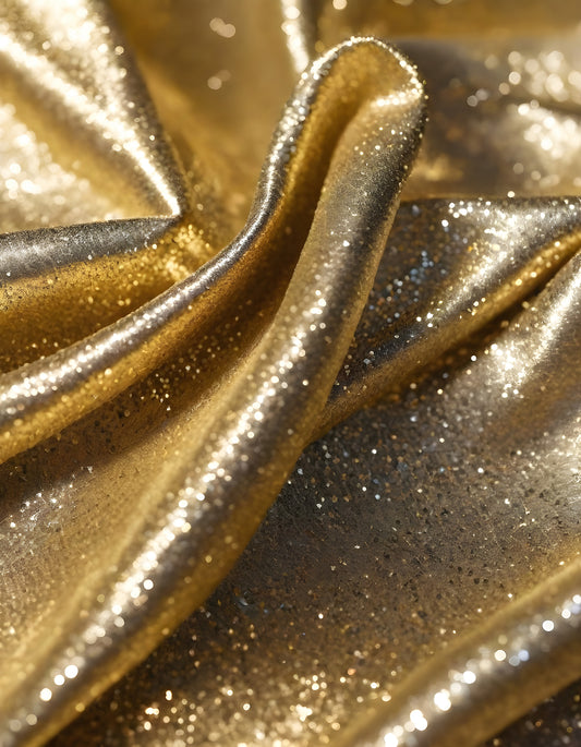 Metallic golden and silver fabric creates elegant textures with intricate folds and reflections under soft lighting