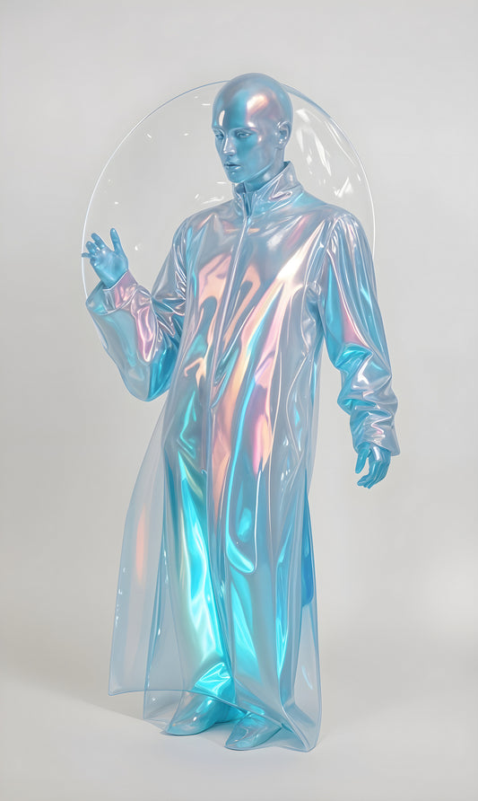 Futuristic holographic attire showcased by a mannequin against a plain backdrop in a fashion studio