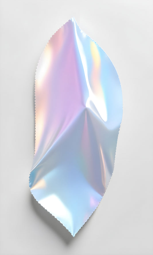 A shimmering, holographic sheet folded into an abstract shape on a light background