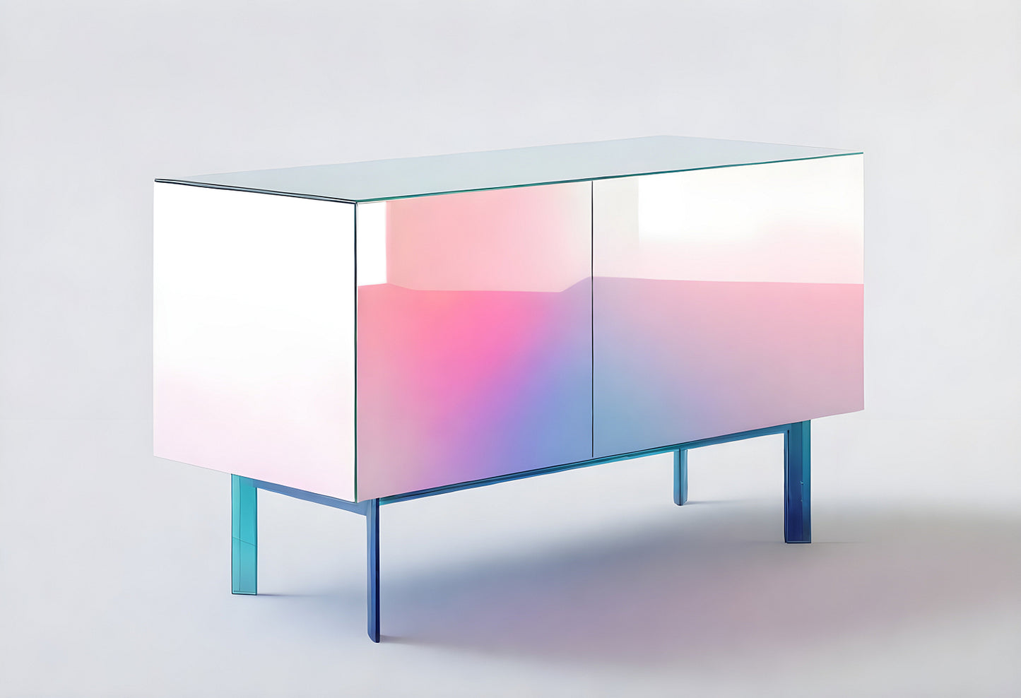 Modern iridescent sideboard with sleek design and a minimalist aesthetic displayed against a light background