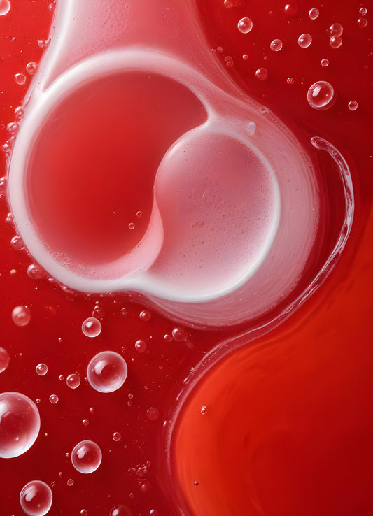 Abstract close-up of red liquid with bubbles and droplets, showcasing the interplay of colors and textures in a vibrant manner. Generative AI