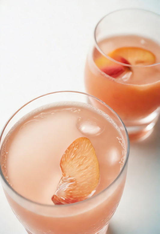 Refreshing summer drinks featuring peach slices served in elegant glasses on a light background