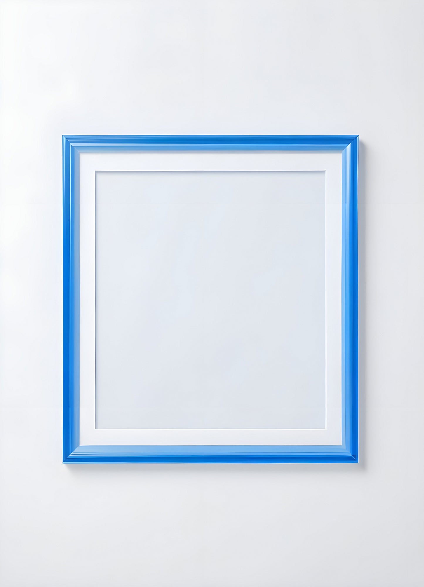 Empty framed blue canvas on a white wall in a minimalist design setting showcasing a modern artistic atmosphere