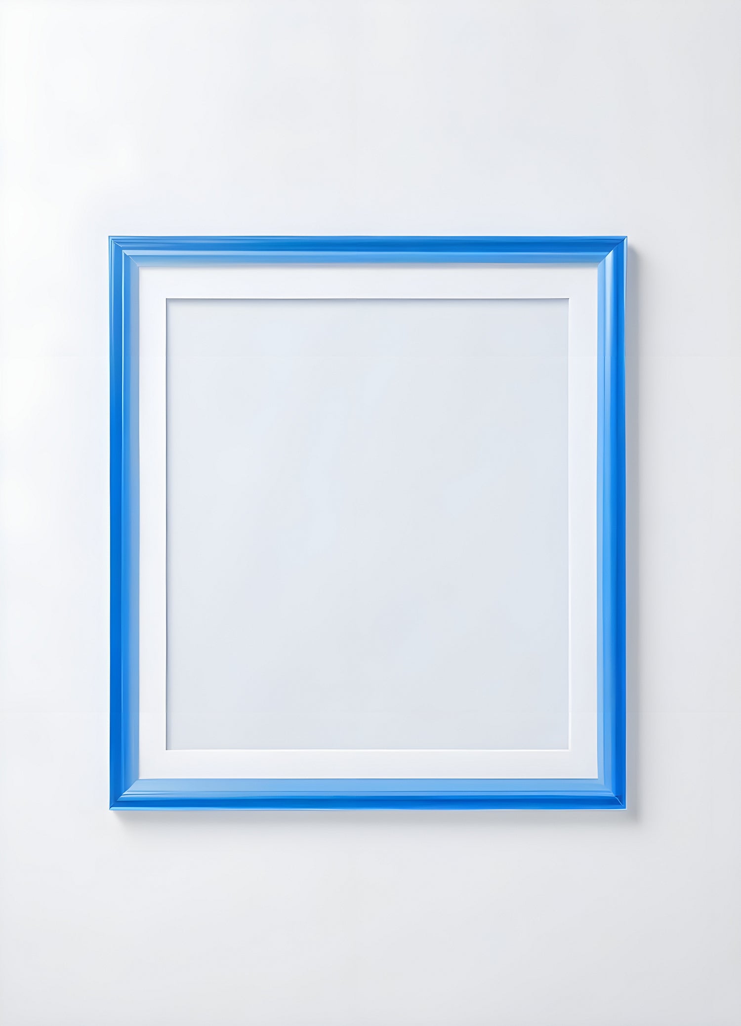 Empty framed blue canvas on a white wall in a minimalist design setting showcasing a modern artistic atmosphere