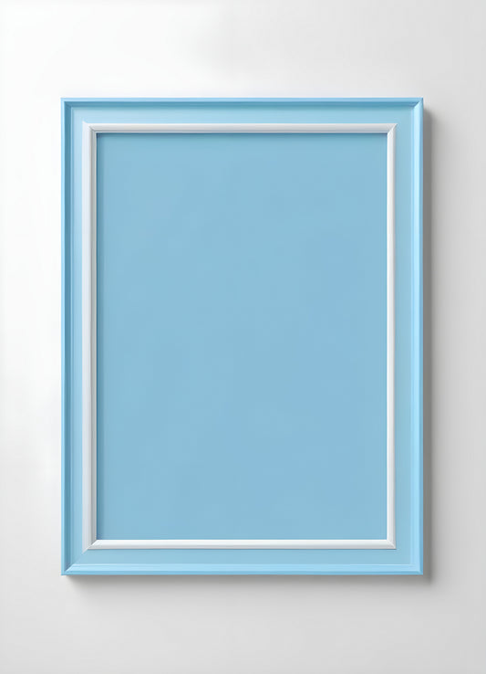 Empty framed blue canvas on a white wall in a minimalist design setting showcasing a modern artistic atmosphere