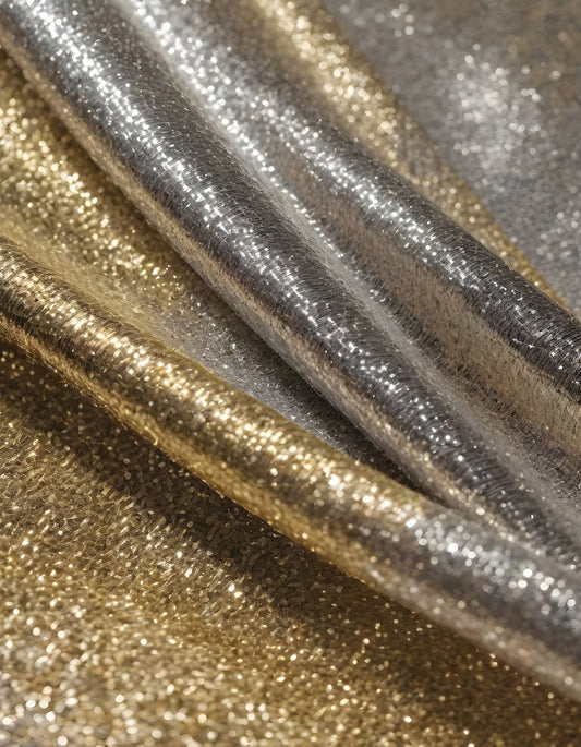 Shimmering gold and silver fabrics layered together in a luxurious arrangement during daylight