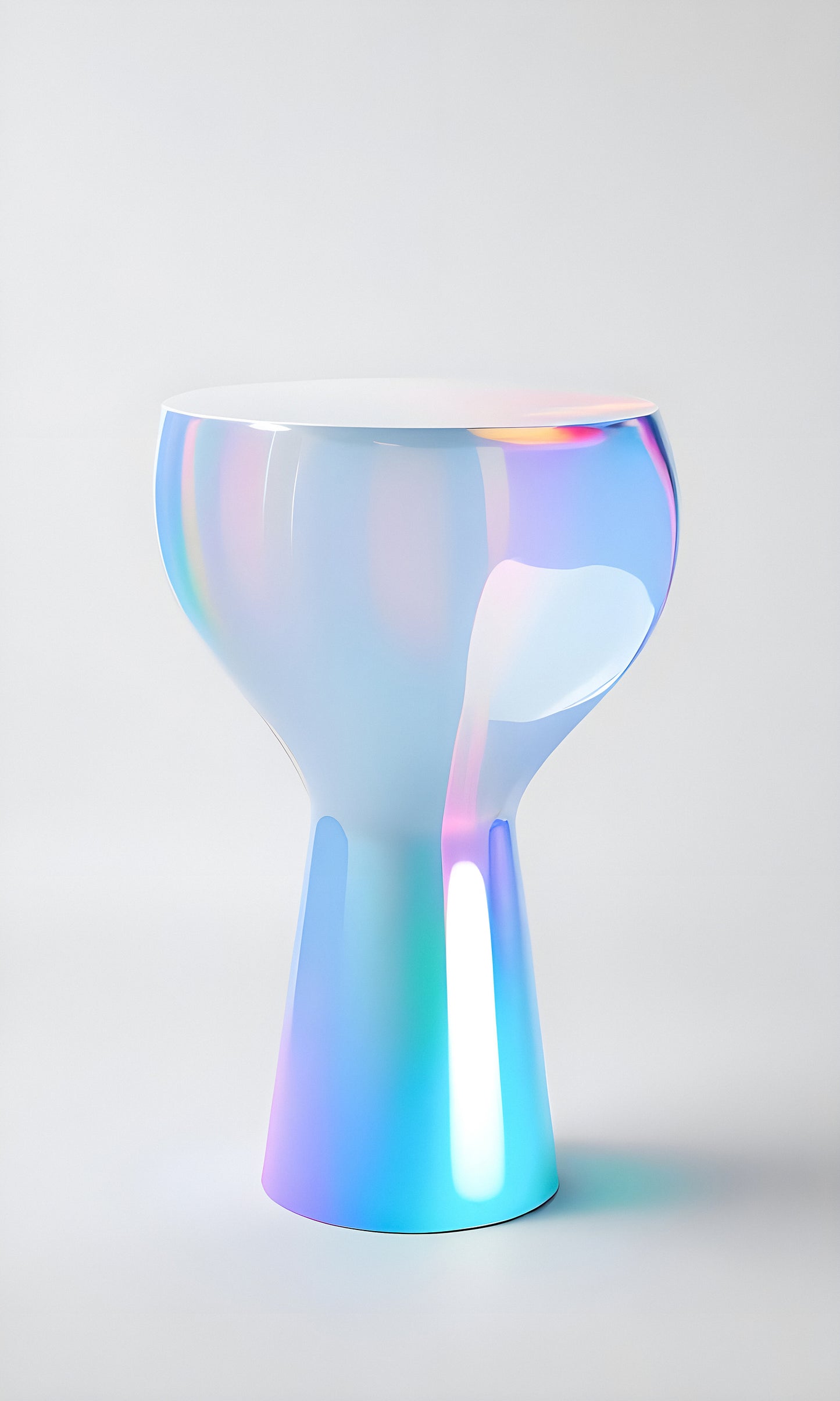 Translucent modern stool with an iridescent finish against a neutral backdrop