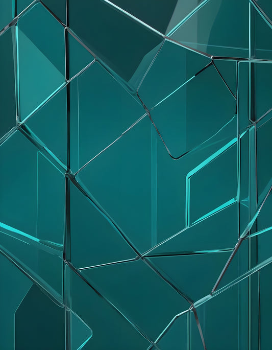 Abstract teal wall design featuring varying glass-like panels in a contemporary setting. Generative AI