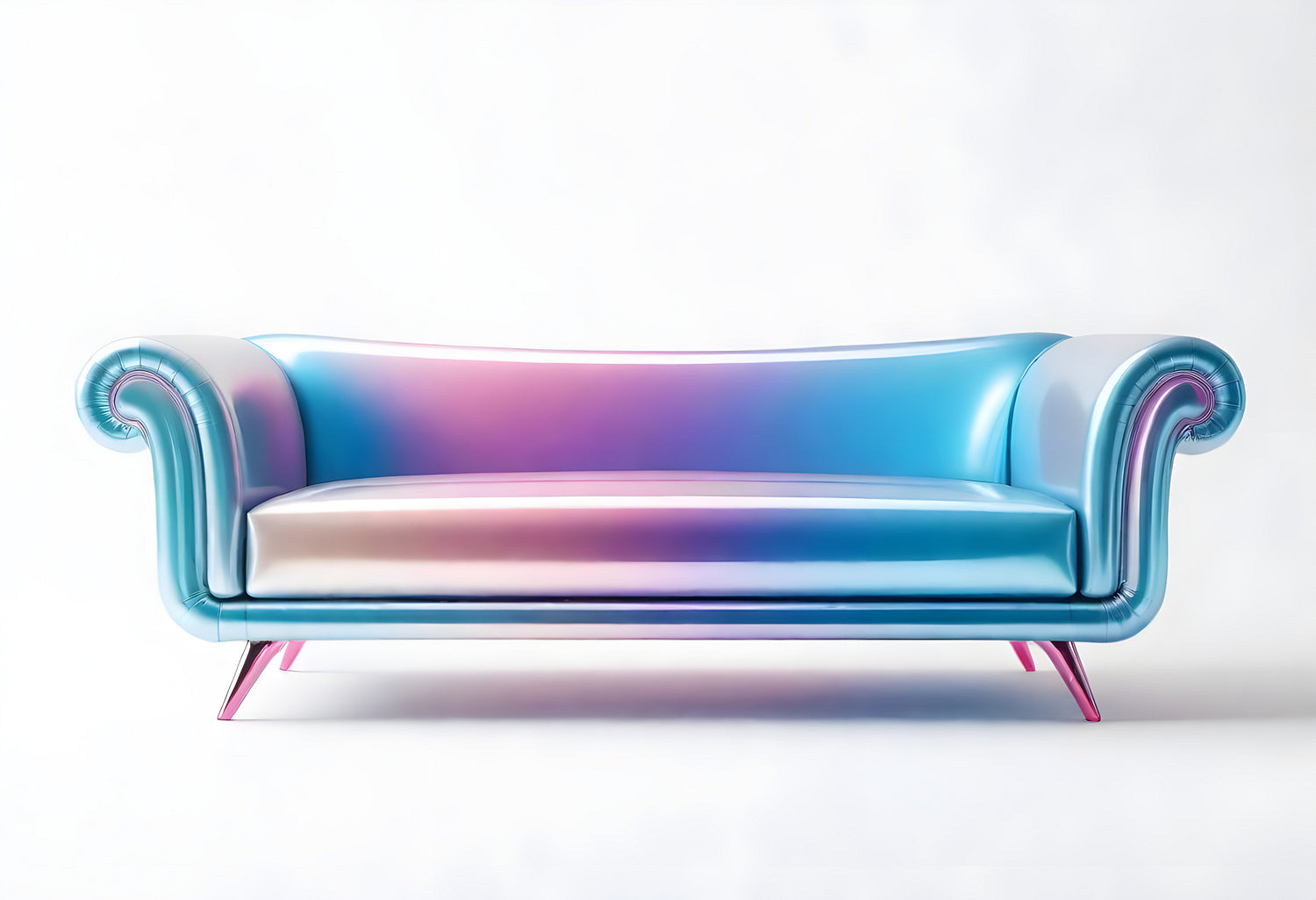 A vibrant blue and pink sofa with a glossy finish positioned against a plain background, showcasing modern furniture design