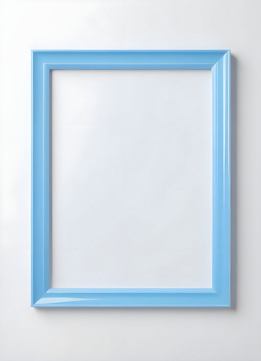 Empty framed blue canvas on a white wall in a minimalist design setting showcasing a modern artistic atmosphere