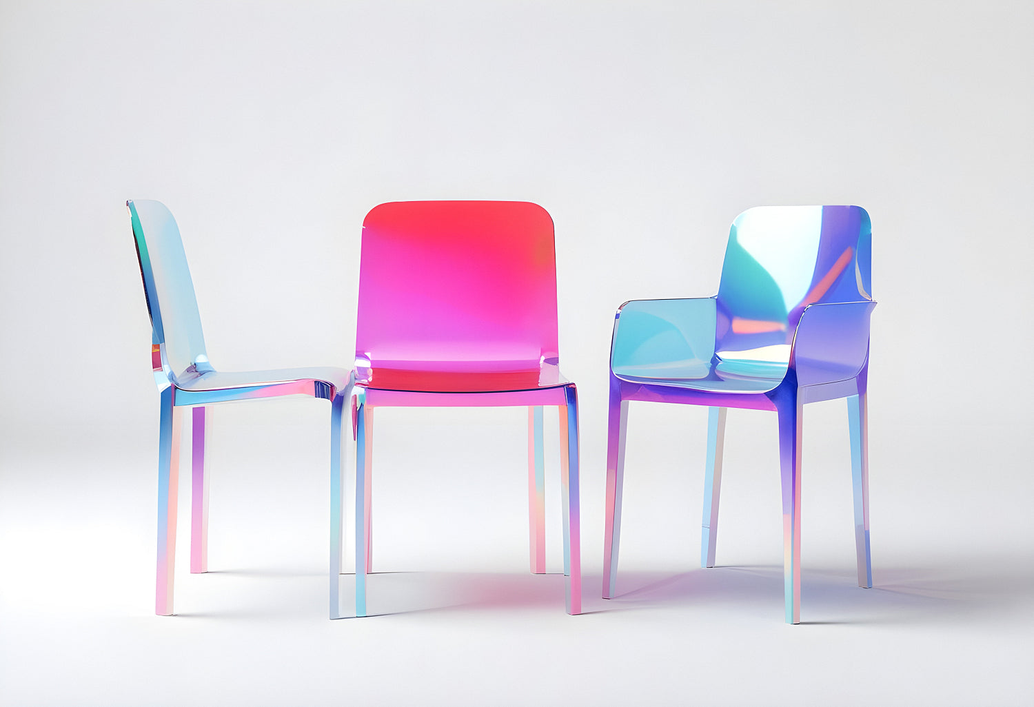 Three modern, transparent chairs featuring vibrant colors arranged together in a minimalist studio setting showcasing contemporary design