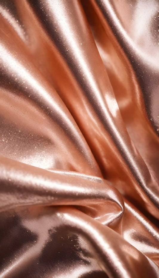 Shimmering rose gold fabric draping elegantly with soft folds under bright light in a studio setting