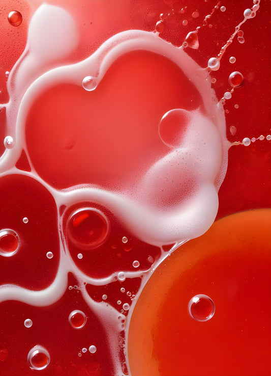 Abstract close-up of red liquid with bubbles and droplets, showcasing the interplay of colors and textures in a vibrant manner. Generative AI