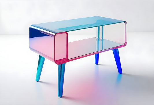 Stylish modern coffee table in vibrant blue and pink design showcased against a minimalist background