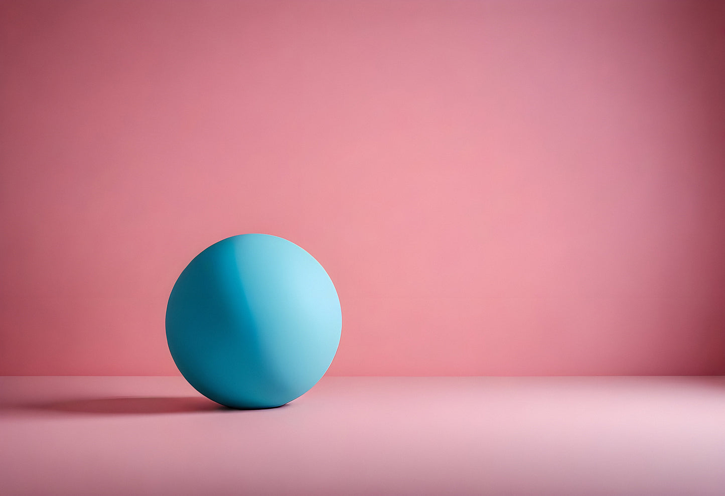 A blue sphere resting on a pink surface against a soft pink background in an artistic composition focusing on minimalism