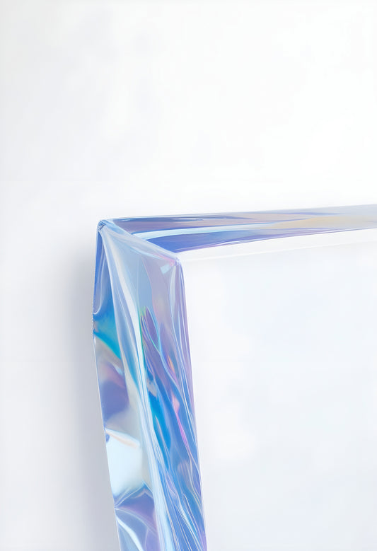 Transparent acrylic corner reflecting colorful light against a plain white backdrop in a contemporary setting