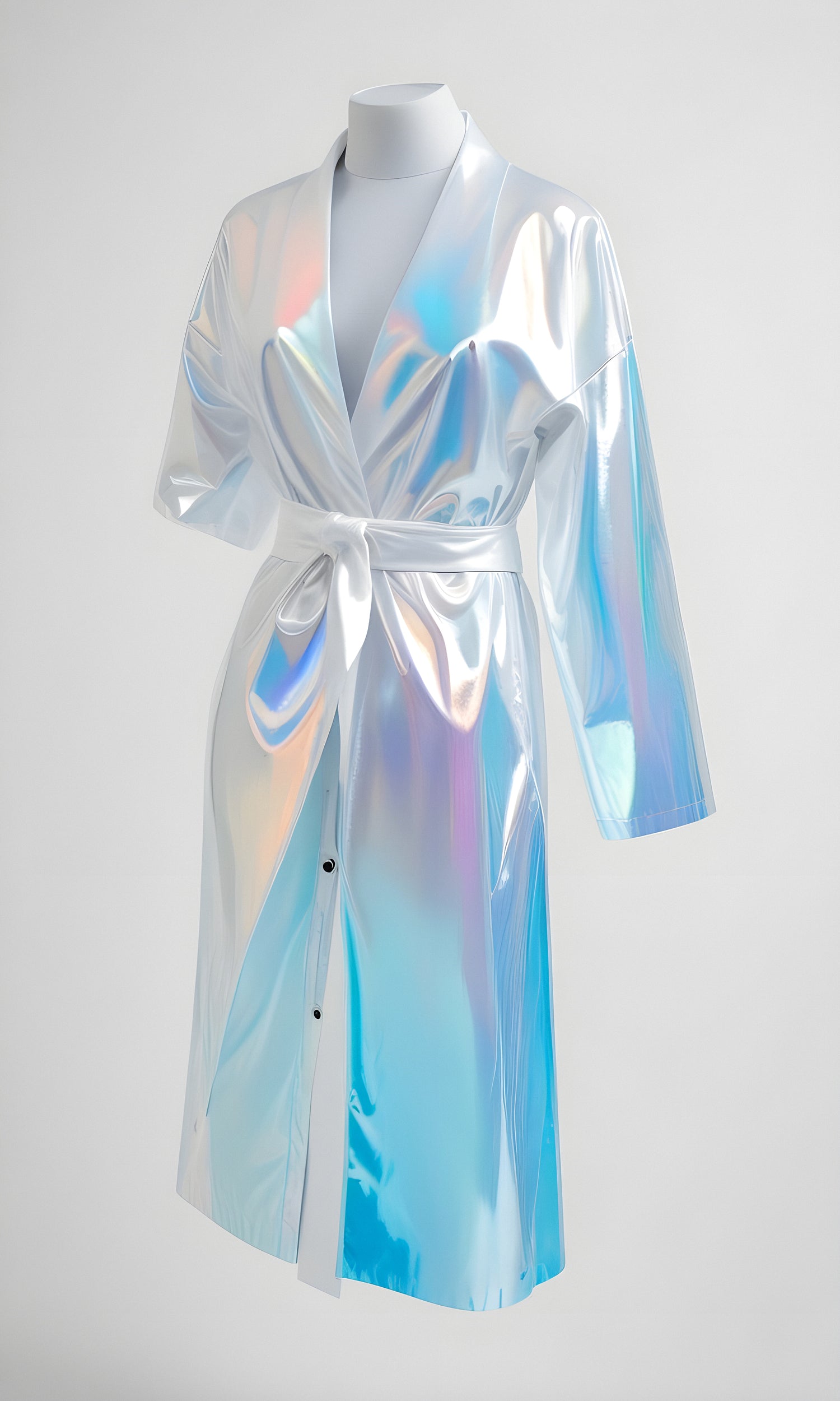 Stylish iridescent robe displayed on a mannequin against a plain background, showcasing its shiny texture and elegant design