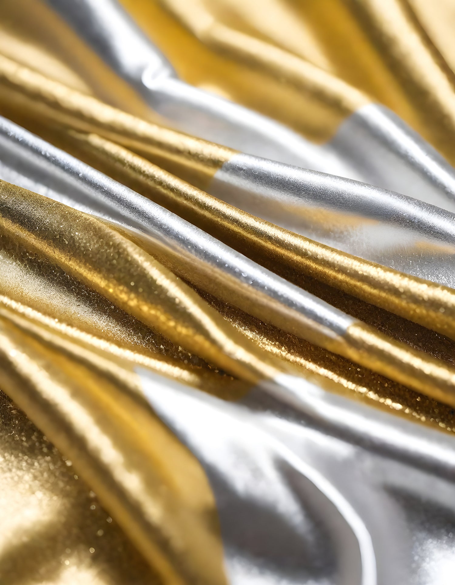 Metallic golden and silver fabric creates elegant textures with intricate folds and reflections under soft lighting