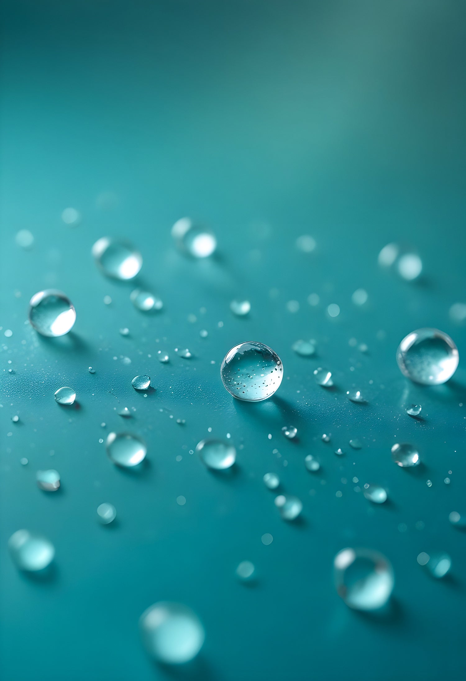 Water droplets on a thin surface with a blurred turquoise background amidst soft light reflections. Generative AI