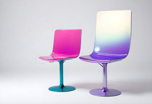 Colorful gradient chairs in vibrant purple and pink hues showcased on a clean white backdrop