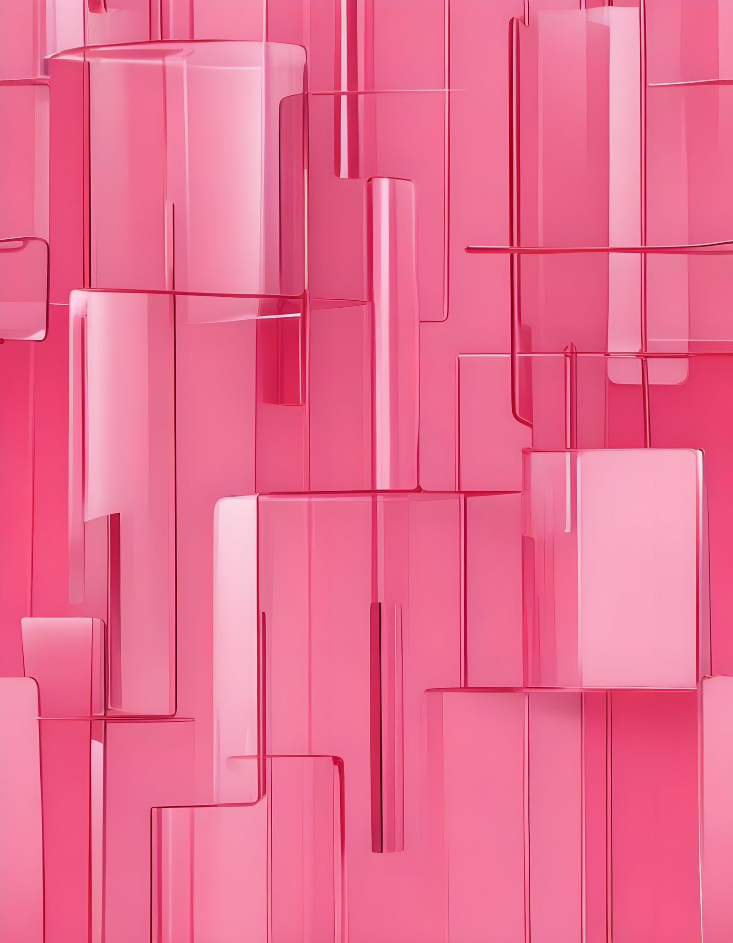 Abstract close-up of a bright pink glass structure with vertical lines against a soft pink background. Generative AI