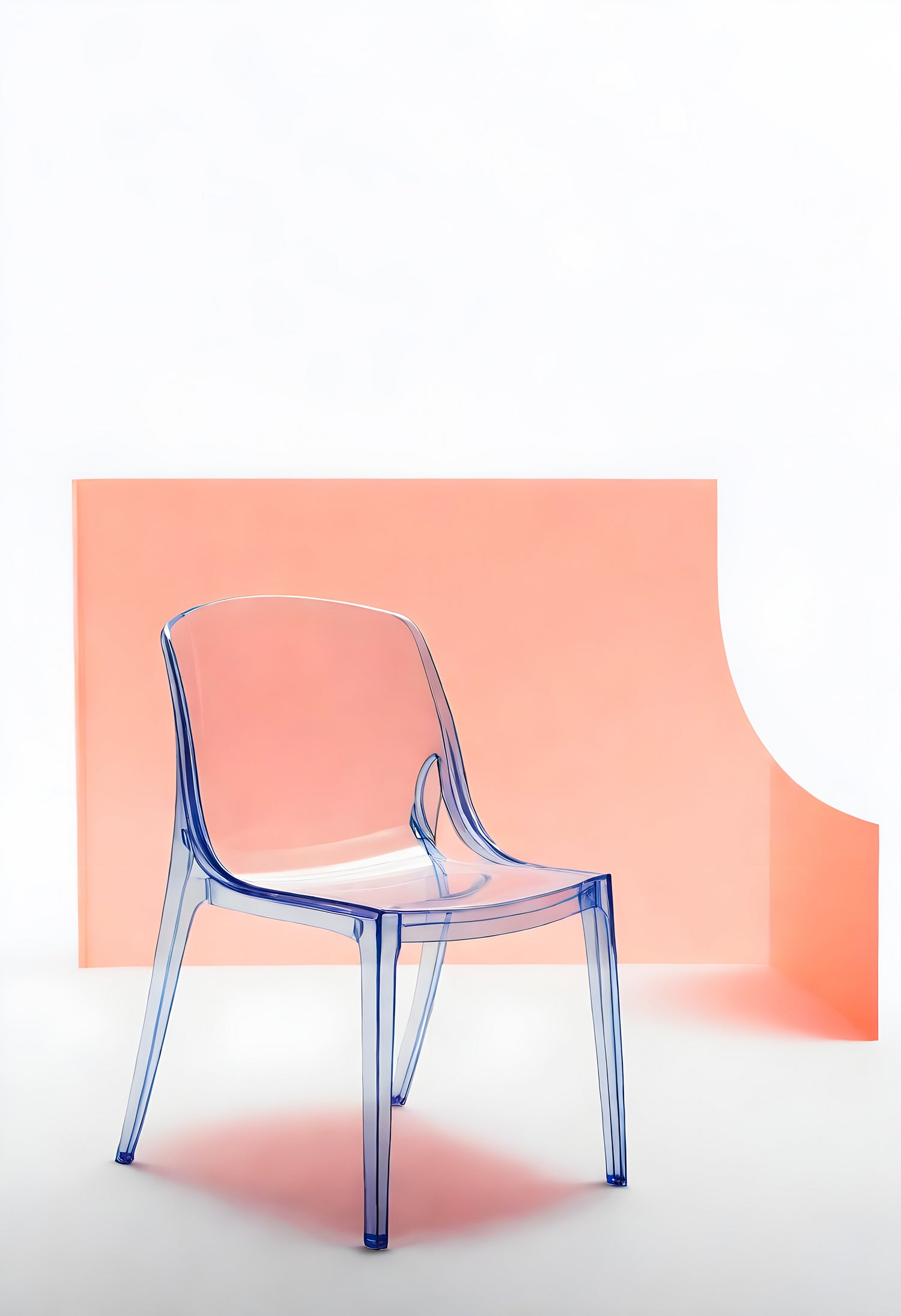 Transparent chair positioned against a soft pink backdrop in a minimalist setting