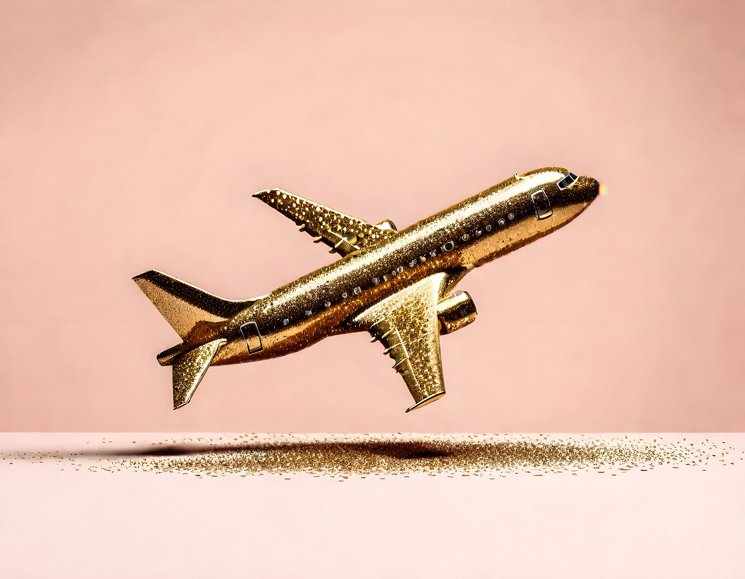 A golden airplane model takes flight against a soft pink background, highlighting creativity and elegance in design