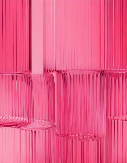 Textured pink glassware arranged in an artistic display featuring modern design elements. Generative AI