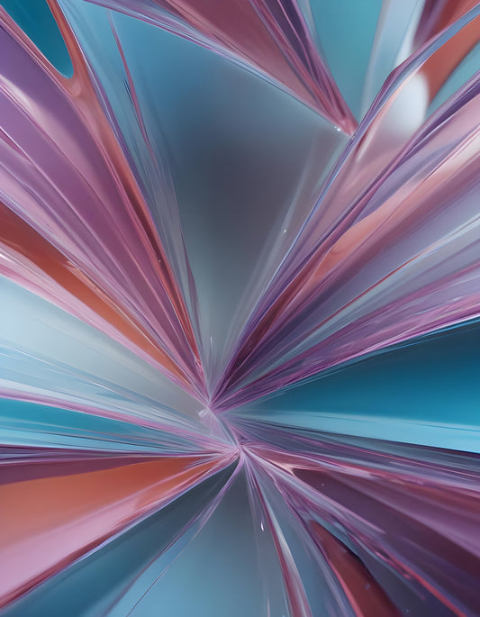 Abstract swirl of colorful glass-like shapes in soft lighting