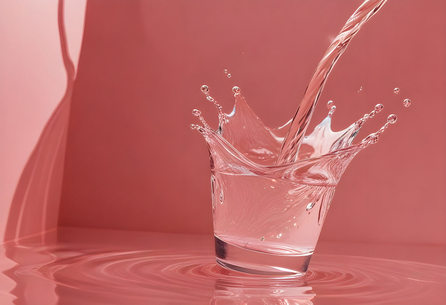 Water splashing into a clear glass against a pink background creating dynamic ripples and droplets in the afternoon light