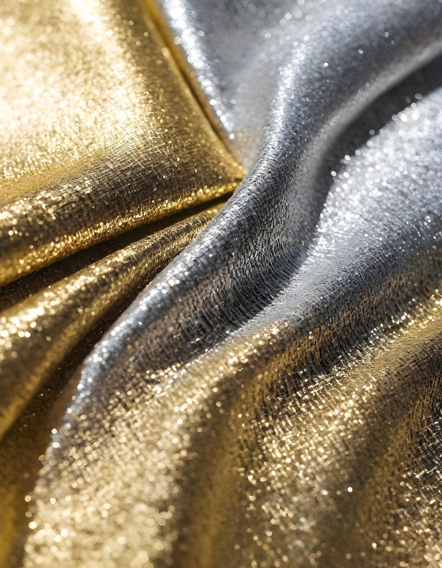 Metallic golden and silver fabric creates elegant textures with intricate folds and reflections under soft lighting